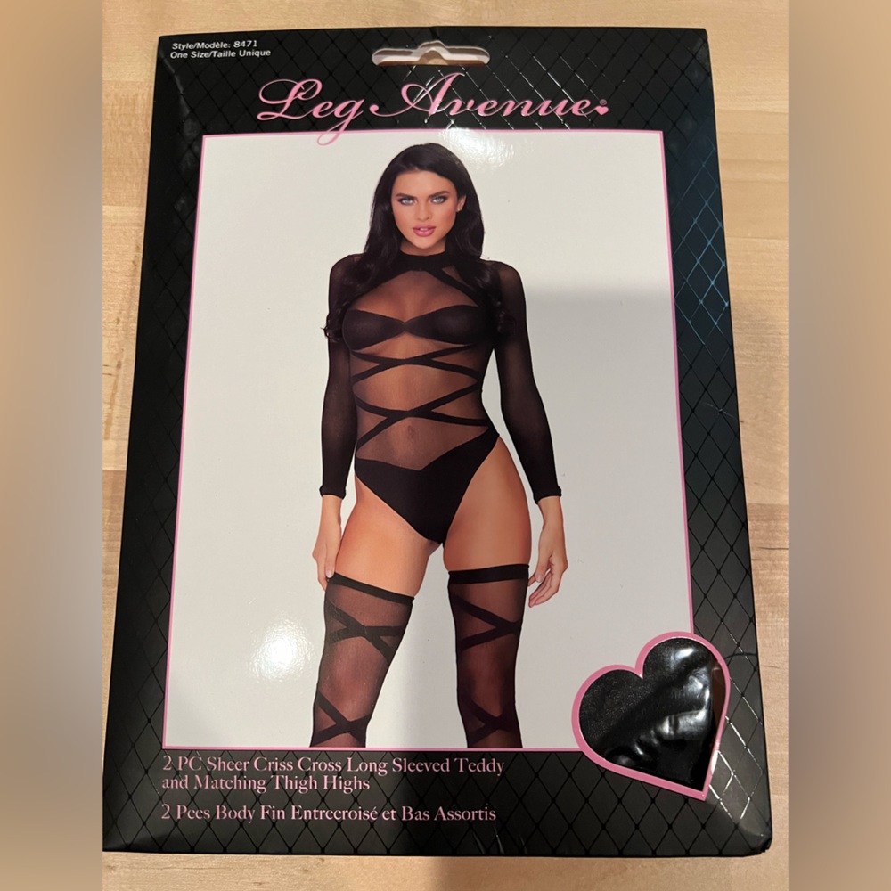 Leg Avenue sheer crisscross Ross Teddy with matching thigh highs black brand new